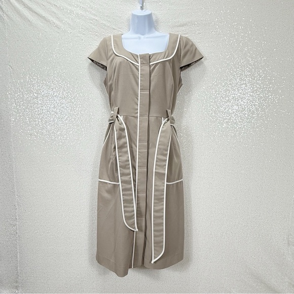 Sandra Darren Taupe Belted Sheath Dress Size 12 | Contrast Trim Office Dress - Picture 3 of 11
